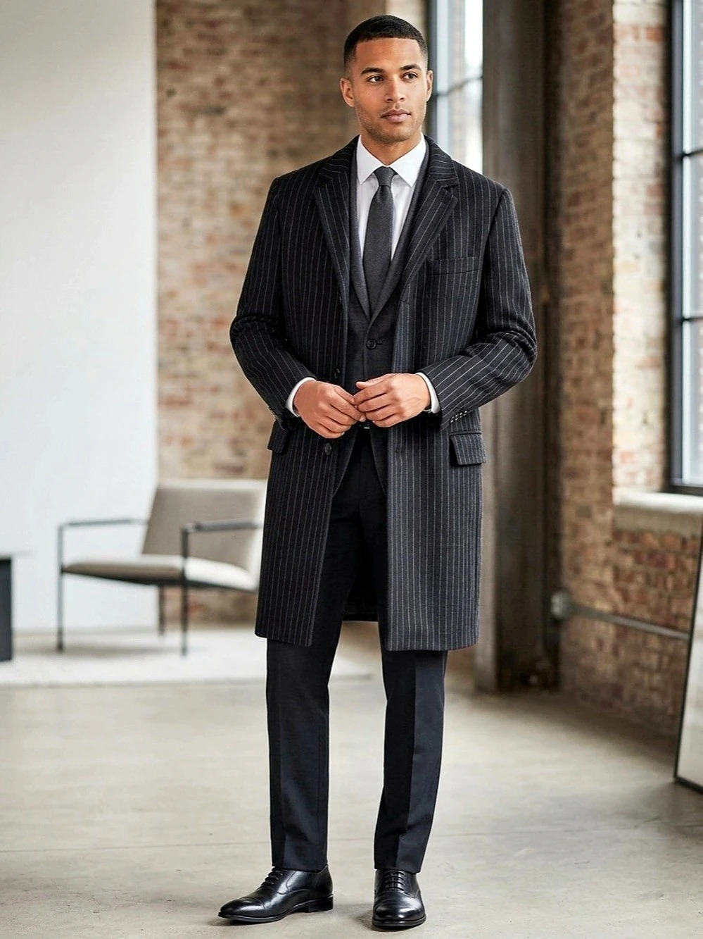 Isaac Mizrahi Men's Black Pinstripe Wool Blend Tailored Overcoat - Size 38